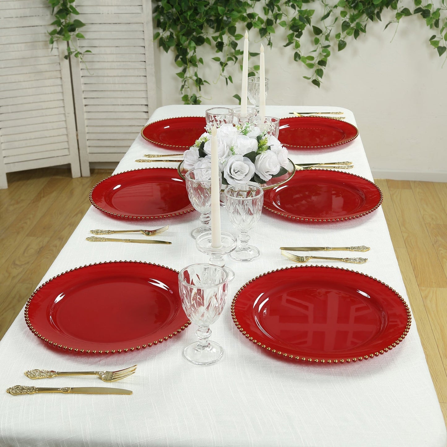 10-Pack Economy Round Plastic Charger Plates 13" in Red with Gold Beaded Rim, Stylish Dinner Party Serving Plates