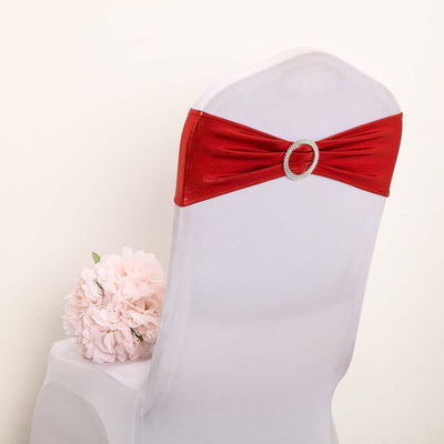 5 Pack Metallic Spandex Chair Sashes Red - Stretch Fit Chair Bands With Round Diamond Buckles