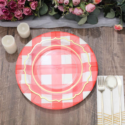 10-Pack Disposable Paper Charger Plates – Red/White Buffalo Plaid 13" Round Table Chargers, 350 GSM Cardstock