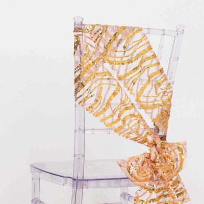 5 Pack Chair Sashes with Wave Embroidered Sequins Rose Gold/Gold 6"x88"