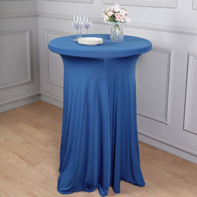 Spandex 30" Round Cocktail Table Cover Skirt Royal Blue With Natural Wavy Drapes