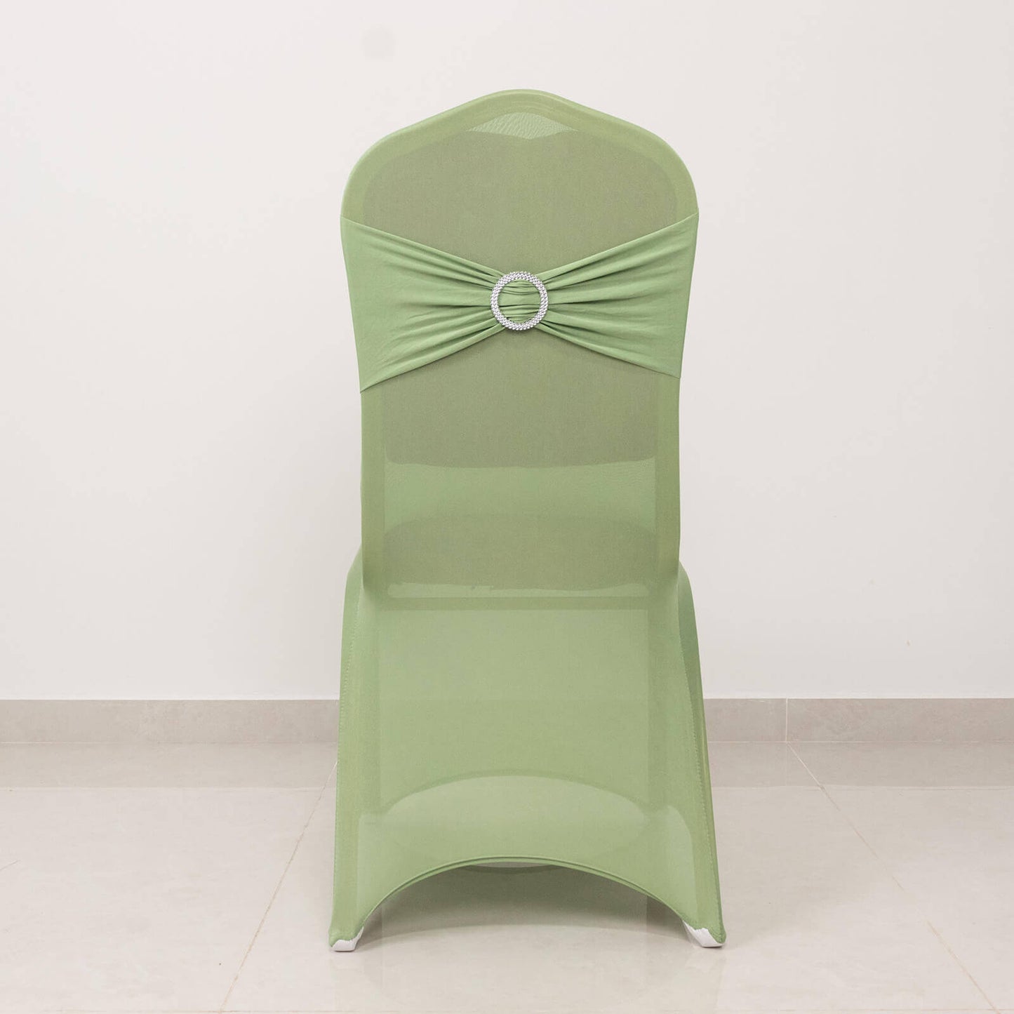 Spandex Chair Cover with Silver Rhinestone Buckled Sash Band Sage Green - Stretch Fitted Slipcover