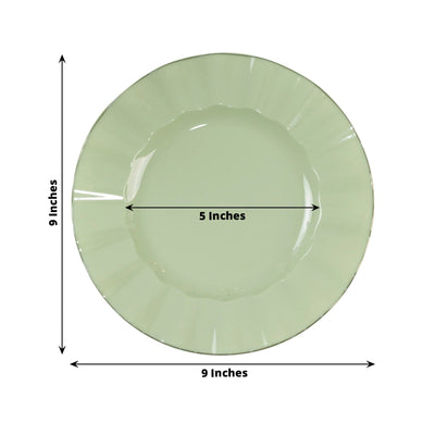 10-Pack Plastic 9" Round Dinner Plates in Sage Green Ruffled Rim with Gold Edging - Sturdy Disposable Dinnerware