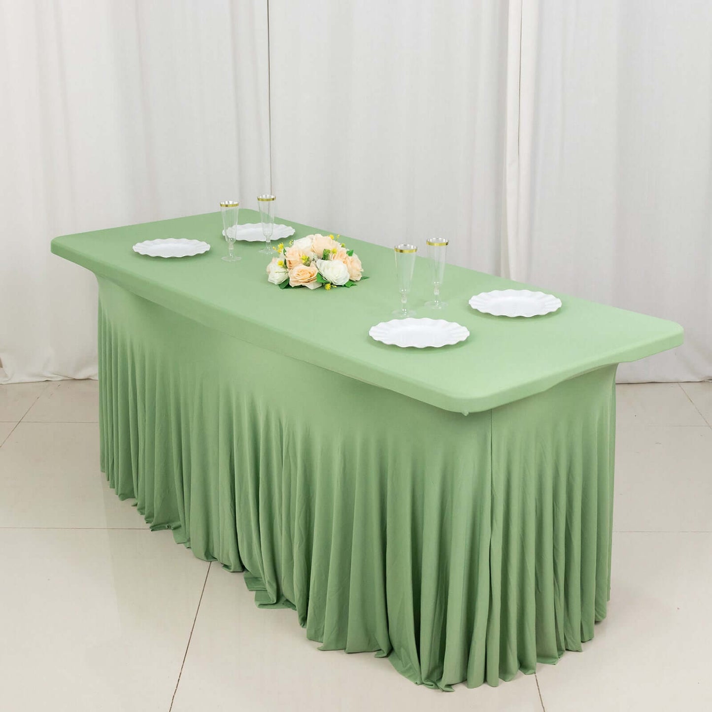Spandex Rectangle 72"x30" Table Skirt Sage Green with Wavy Skirt-Like Effect Table Cover