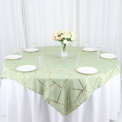 Polyester 54"x54" Table Overlay Square Tablecloth Sage Green with Gold Foil Geometric Pattern - Wrinkle-Resistant & Durable for Stylish Settings
