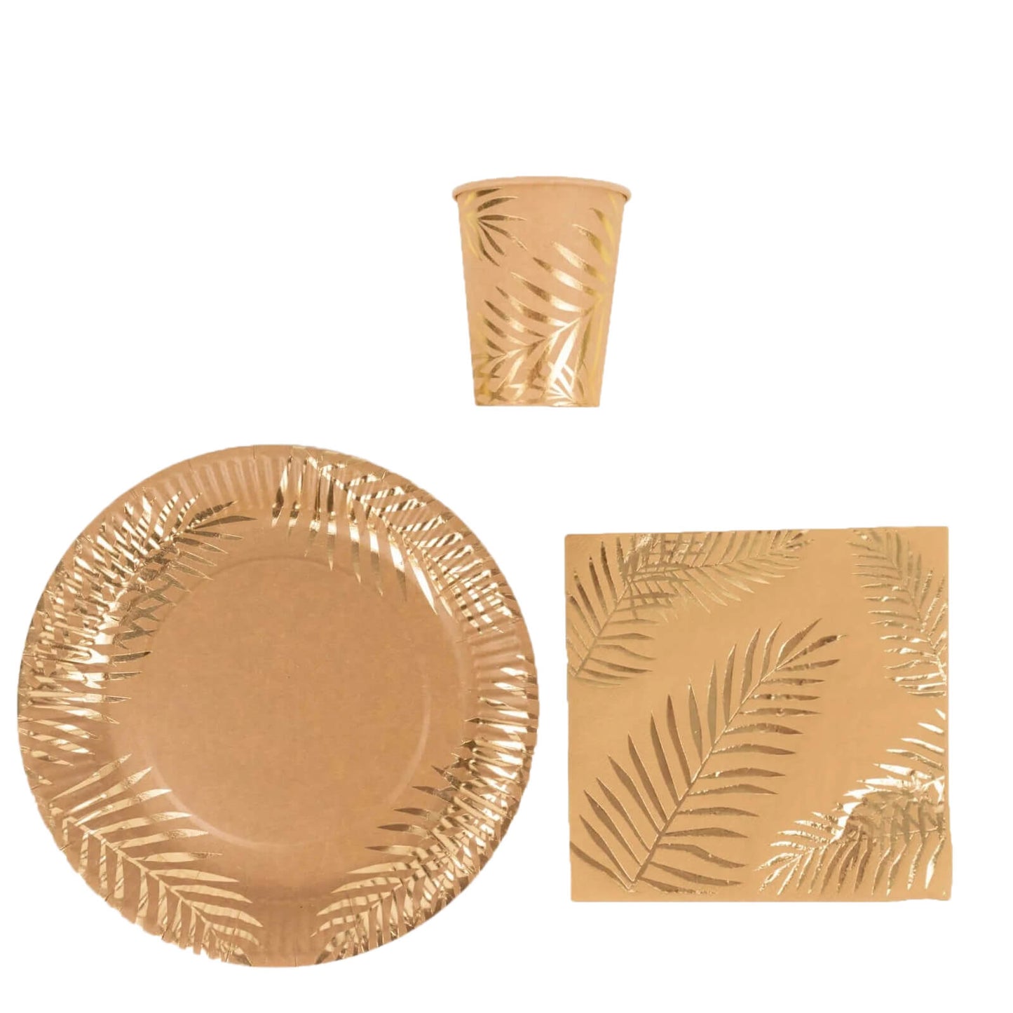 72 Pcs Paper Dinnerware Set with Gold Foil Palm Leaves Print Natural - Disposable Tableware Combo-Pack with Plates and Cups