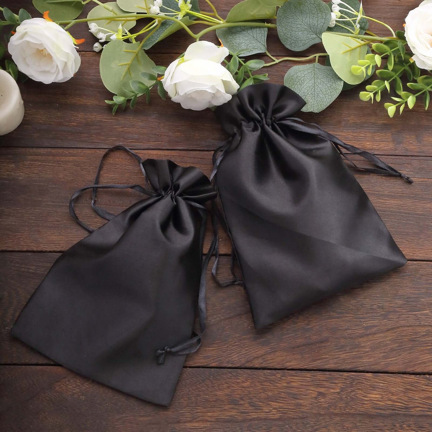 12 Pack 6"x9" Black Satin Drawstring Wedding Party Favor Gift Bags
