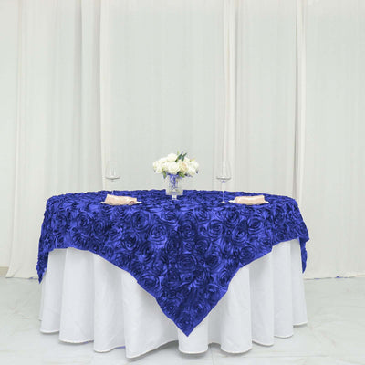 Satin 72"x72" Table Overlay Square Tablecloth Royal Blue - 3D Rosette Table Cover