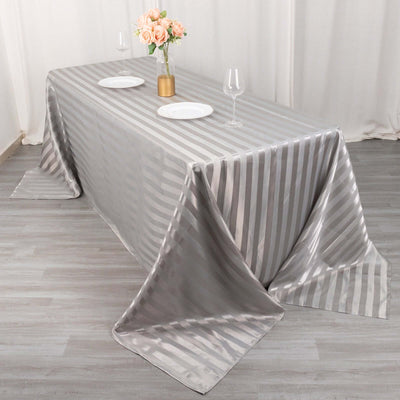 Satin Striped 90"x132" Rectangular Tablecloth Silver - Seamless Silky Smooth Table Cover