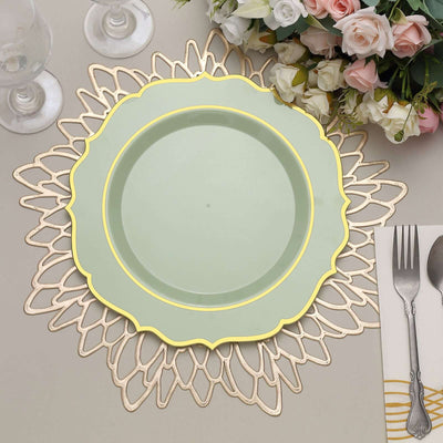 10-Pack Plastic 10" Round Dinner Plates in Sage Green with Gold Scalloped Rim - Disposable Party Plates