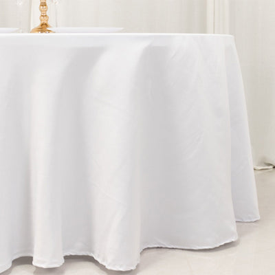 Lamour Satin 120" Round Tablecloth White - Seamless Table Cover with Soft Tempered Sheen for Upscale Gatherings