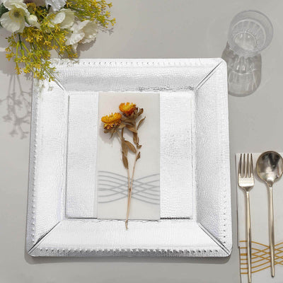 10-Pack Disposable Square Charger Plates in Silver with Leather Like Texture - 1100GSM Durable Paper Chargers 13"