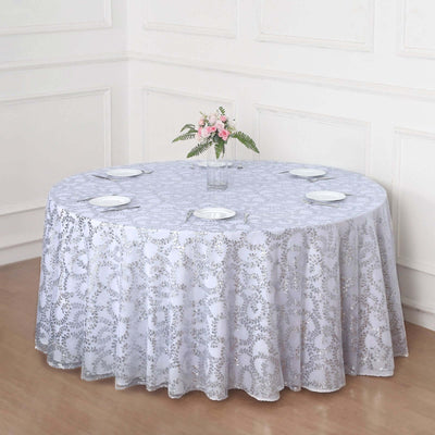 Tulle 120" Round Tablecloth Silver - Seamless Sequin Leaf Embroidered Table Cover