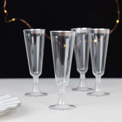 12-Pack Plastic Champagne Flutes Clear with Silver Rim - Stylish Disposable Cocktail Glasses for Parties 5oz 6"
