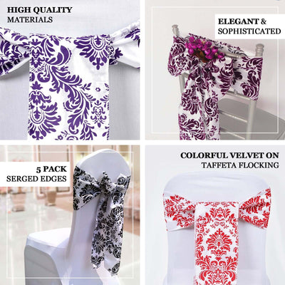 5 Pack Taffeta Damask Chair Sashes White with Black Flocking Design - Modern Vintage Event Décor 6"x108"