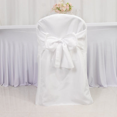 10-Pack Polyester Slip-On Folding Chair Covers with Attached Sashes – White Durable Reusable Covers for Wedding & Event Decor