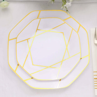 10-Pack Plastic 8" Octagon Dessert Plates in White - Modern Disposable Salad/Appetizer Plates with Gold Geometric Design for Special Occasions & Celebrations