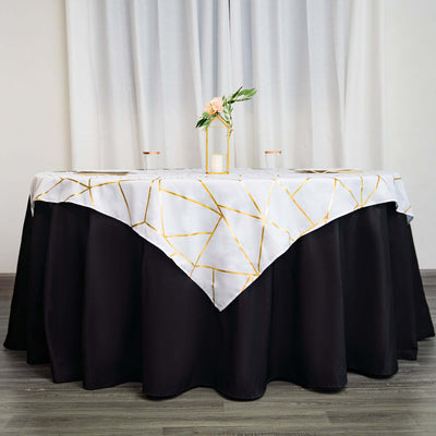 Polyester 54"x54" Table Overlay Square Tablecloth White with Gold Foil Geometric Pattern - Wrinkle-Resistant & Durable for Stylish Settings