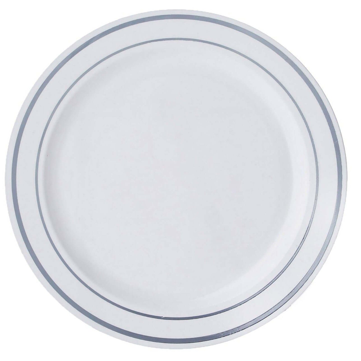 10-Pack Plastic Dessert Plates White with Très Chic Silver Rim - Disposable Plates for Appetizers 6"