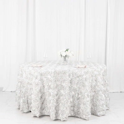Satin 120" Round Tablecloth White - Grandiose 3D Rosette Design with Seamless Finish for Luxe Events