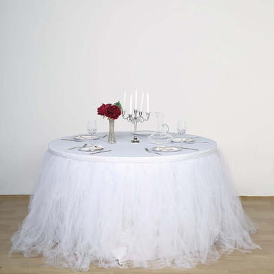 Tulle 14ft Table Skirt White - 4 Layer Pleated Tutu Chic & Soft Event Table Cover