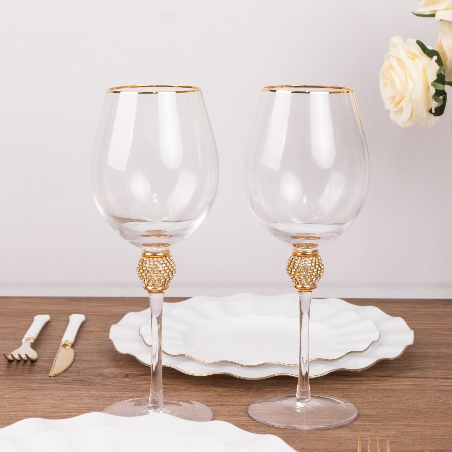 Set of 6 Wine Goblet Glasses Clear Gold Rimmed Design with Rhinestone Studded Stem - Handblown Vintage Crystal Glasses for Cocktails 16oz 10"