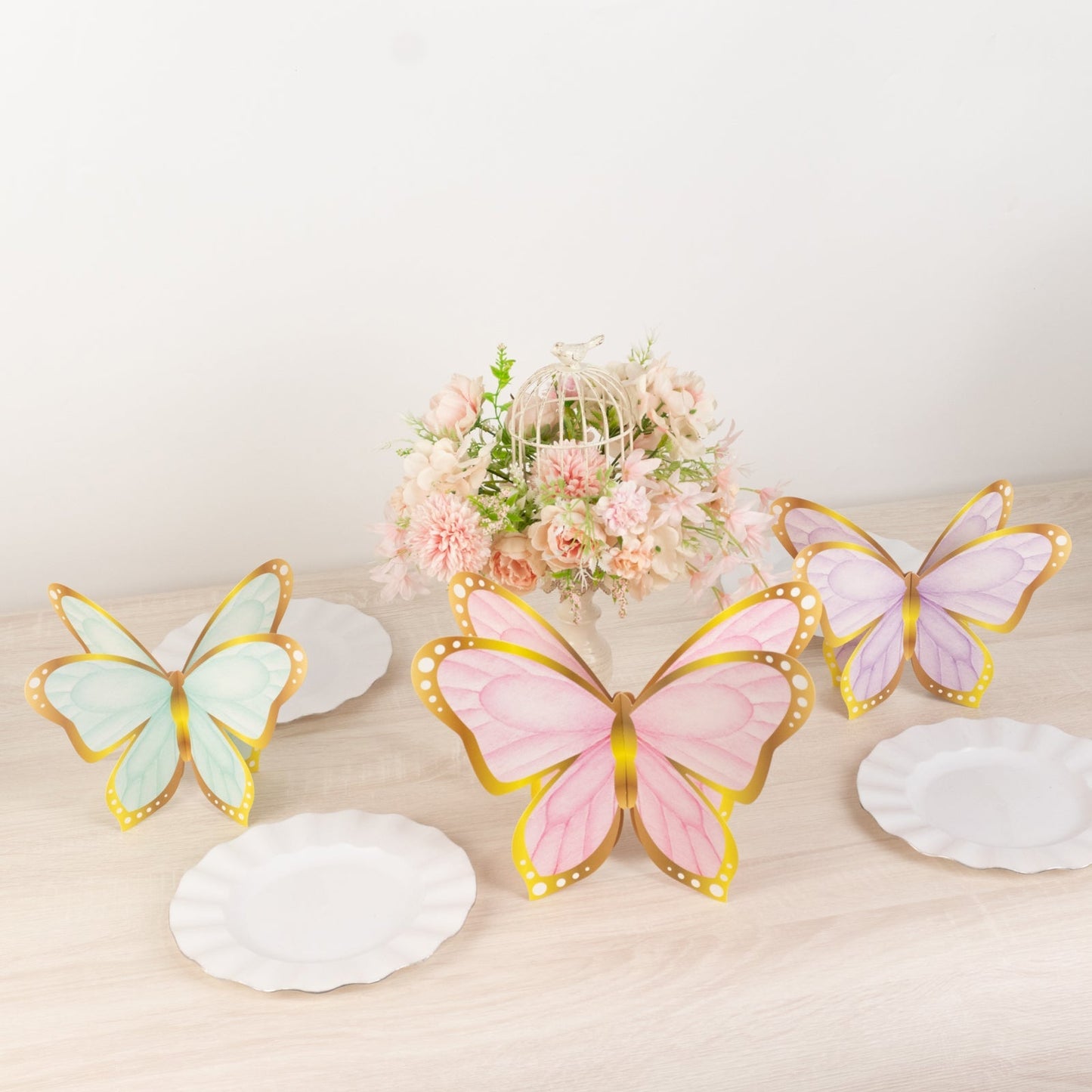 12 Pcs Cardstock Paper 3D Butterfly Table Centerpieces, Metallic Gold Foil Accents Pastel Color Party Decorations 10", 12"