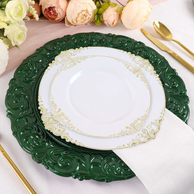 6-Pack Acrylic Round Charger Plates 14" in Hunter Emerald Green with Engraved Baroque Rim, Vintage Disposable Decorative Chargers
