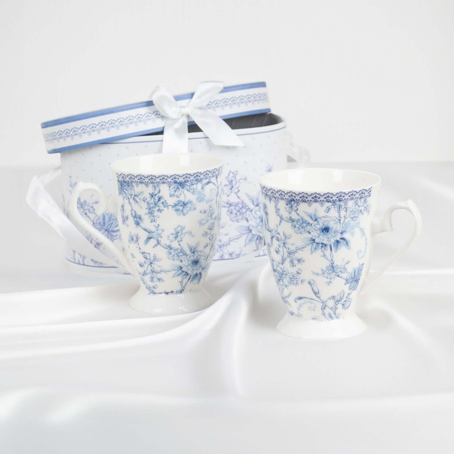 White Blue French Toile Bridal Shower Gift Set, 2 Pack Porcelain Tea Cups With Matching Keepsake Gift Box and Satin Ribbon Handle