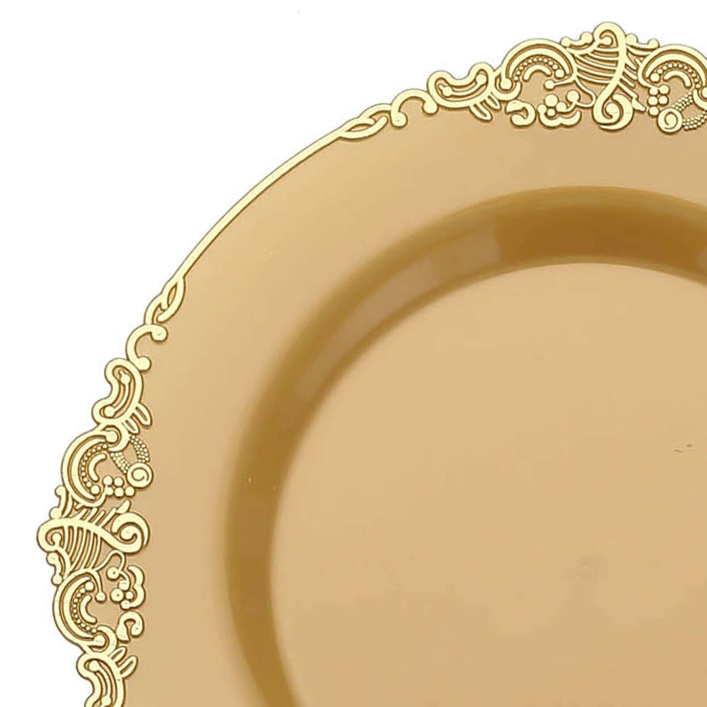 10-Pack Plastic 8" Round Dessert Plates in Gold with Leaf Embossed Rim - Disposable Vintage Baroque Style Salad Plates for Luxurious Gatherings & Events