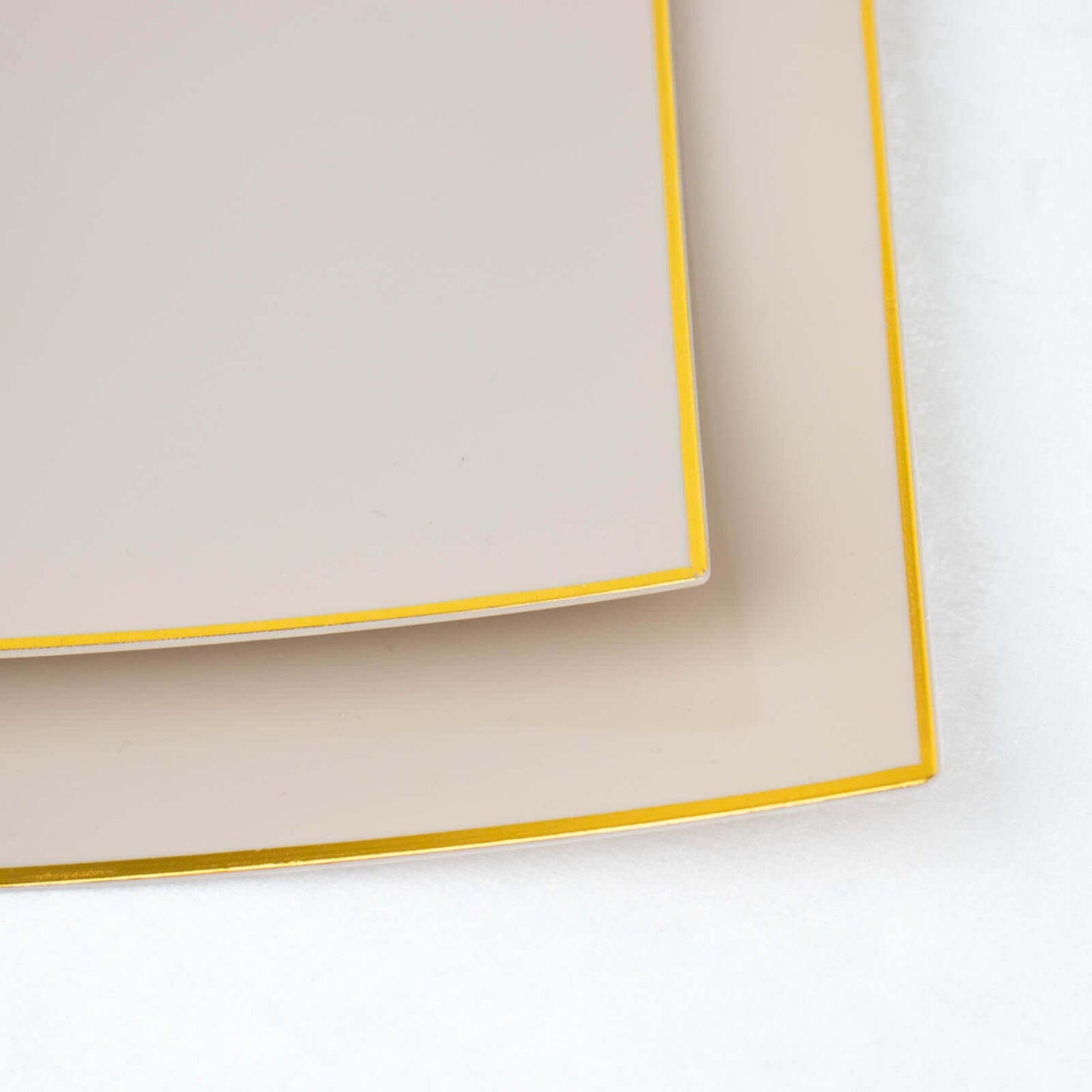 10-Pack Plastic 10" Square Dinner Plates in Taupe Concave Style with Gold Rim - Modern Disposable Party Plates