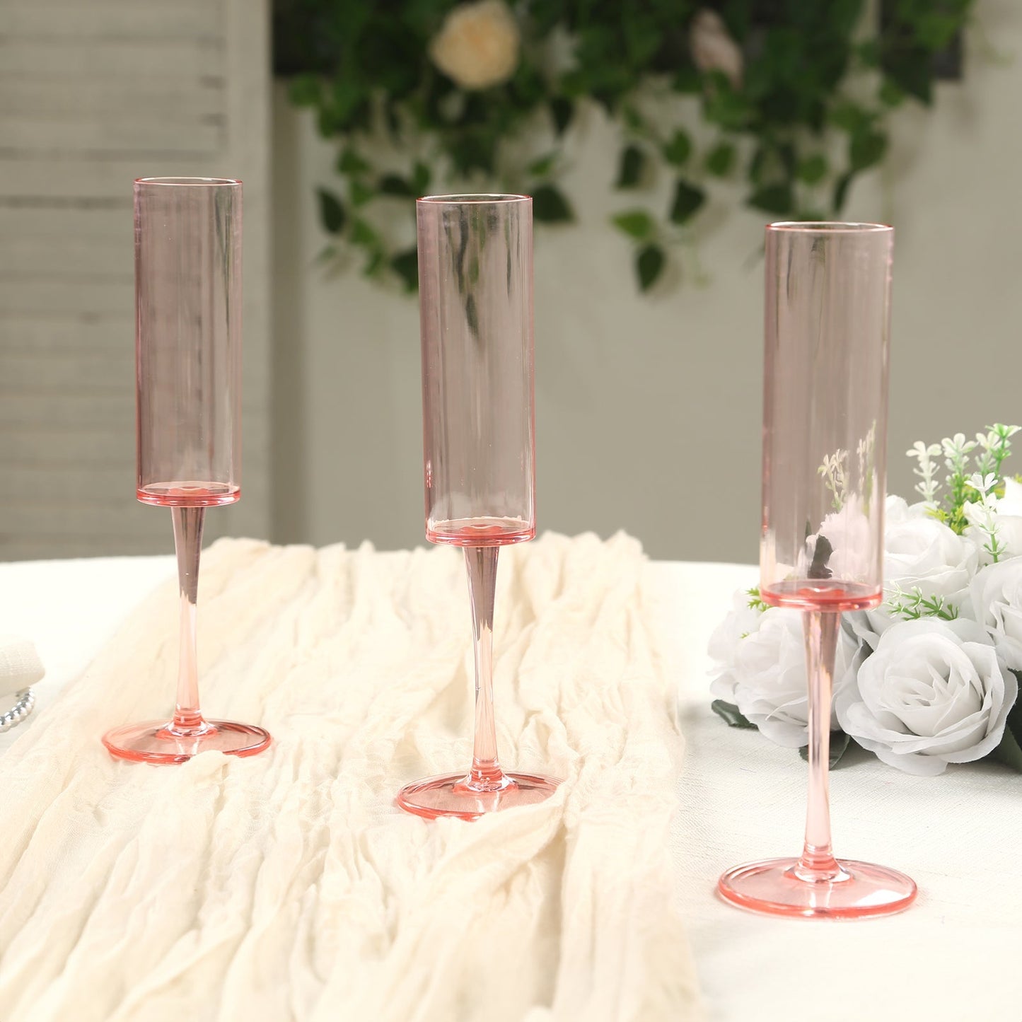 6-Pack Plastic Wine Mimosa Goblets Transparent Blush Cylindrical Shape - Reusable Champagne Flute Glasses 9.5" Tall 6oz