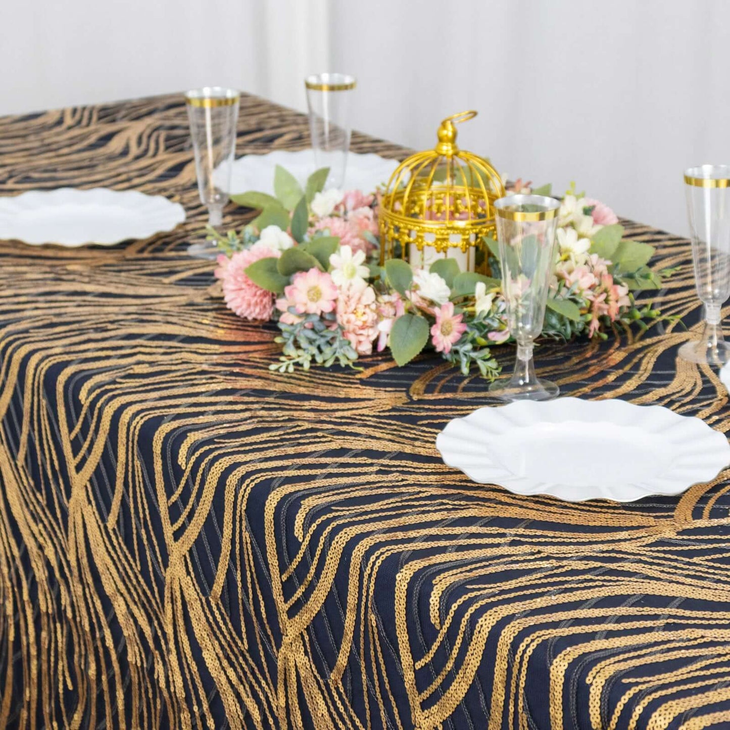 Mesh 90"x156" Rectangle Tablecloth Black/Gold - Wave Sequin Embroidered Table Cover