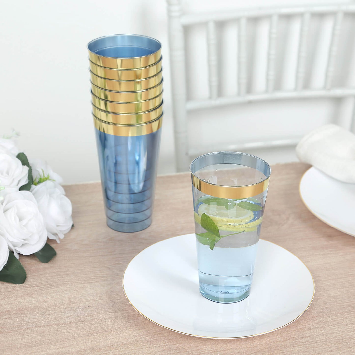 12-Pack Plastic Party Cups Transparent Dusty Blue with Gold Rim - Durable Disposable Tumblers for Drinks 17oz 5.5"