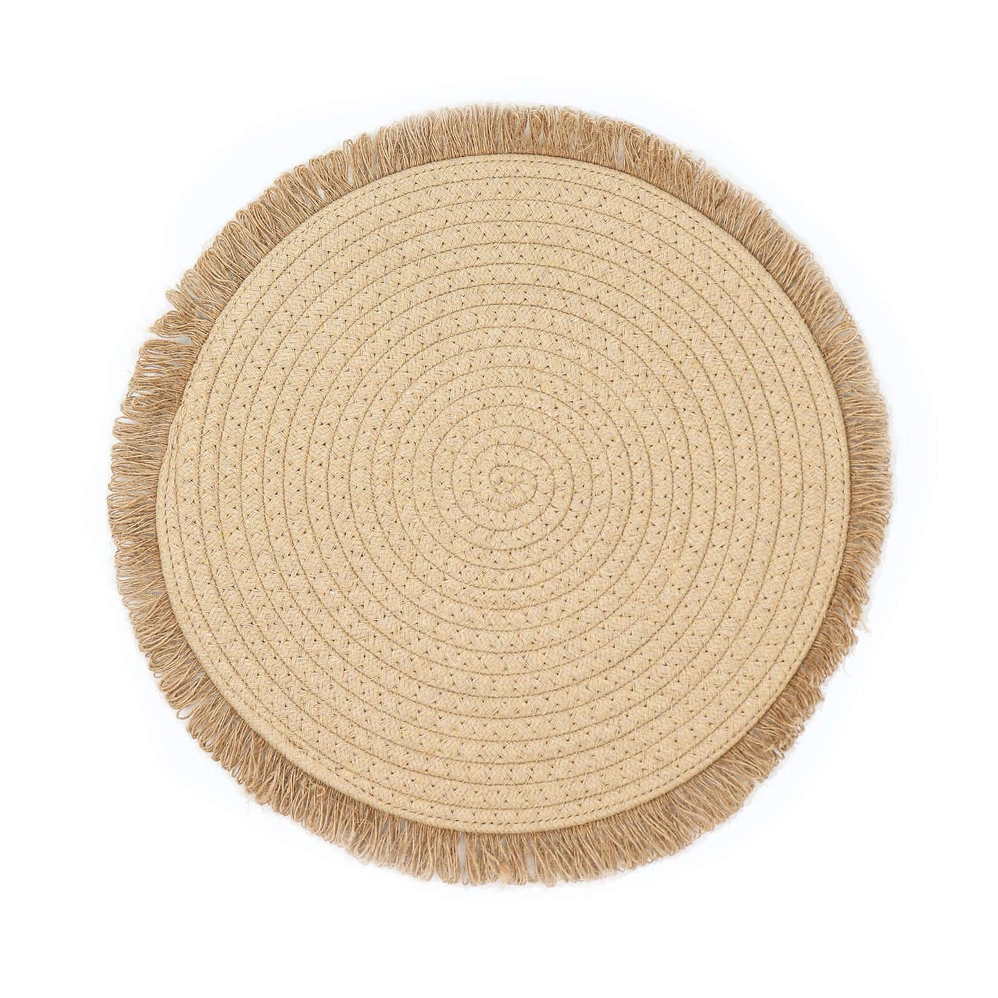 4-Pack Placemats Fringed Edge Design Natural Rustic Burlap Jute Round - Farmhouse Style Table Mats with Trim 15"