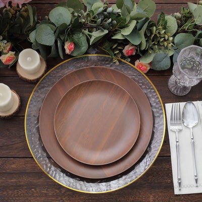 Pack of 6 Melamine 10" Round Dinner Plates in Brown Wood Grain Print - Disposable Shatterproof Party Plates for Rustic Farmhouse-Inspired Table Decor