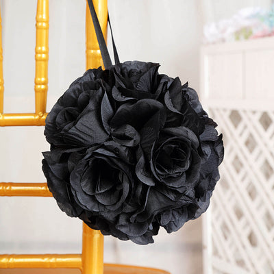 2 Pack 7" Black Artificial Silk Rose Kissing Ball, Faux Flower Ball