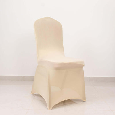 Spandex Chair Cover with Silver Rhinestone Buckled Sash Band Beige - Stretch Fitted Slipcover