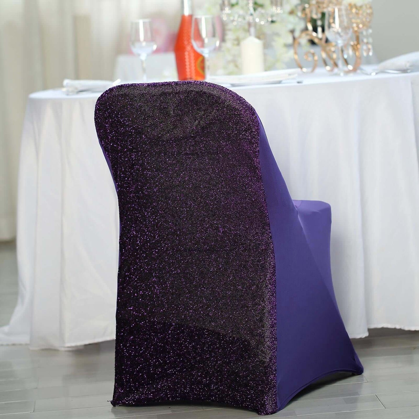 Stretch Spandex Chair Cover Purple for Folding Chairs - Metallic Shimmer Tinsel Back Design Fitted Slipcover