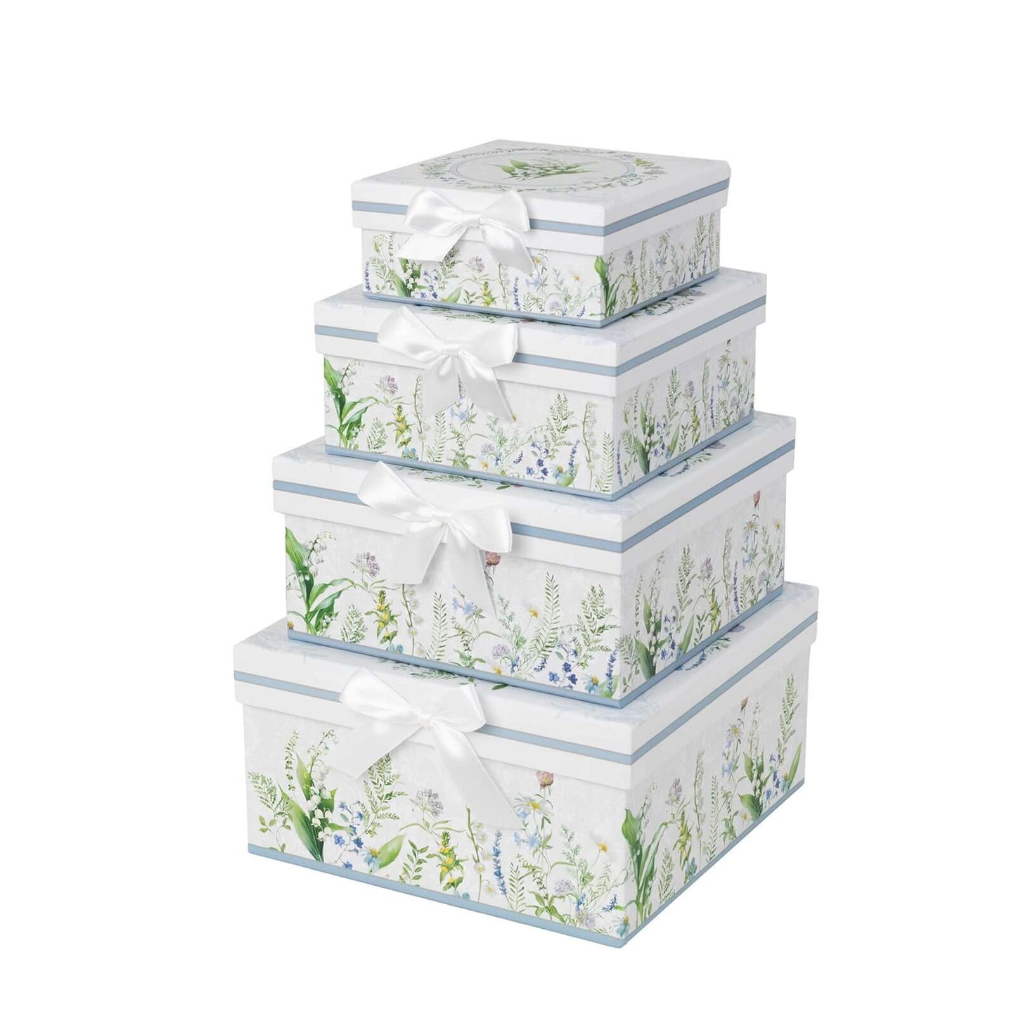 Set of 4 Cardstock Square Nesting Gift Boxes White Green Floral Design - Decorative Heavy Duty Stackable Keepsake Boxes With Lids for Presents Storage & Pedestal Stand 6",7",8",9"