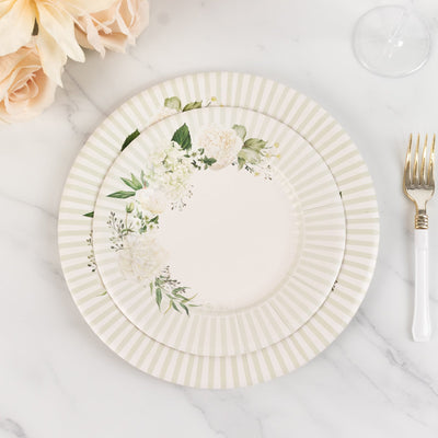 25-Pack Paper 8" Round Dessert Plates in White with Sage Green Floral Print & Lined Rim