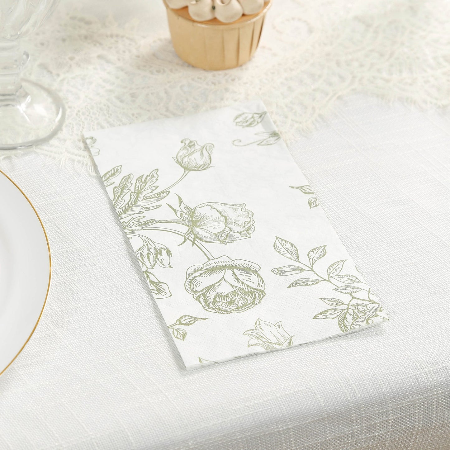 50-Pack Paper Dinner Napkins White with Matte Sage Green French Toile Floral Pattern 2-Ply - Stylish Disposable Napkins for Events