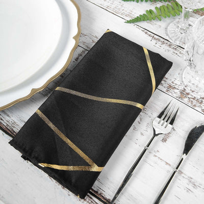 5 Pack Polyester 20"x20" Napkins Black with Gold Geometric Foil Pattern - Modern Reusable Dinner Napkins