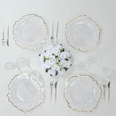 6-Pack Plastic Round Charger Plates 13" in Clear Reef Design with Gold Rim, Decorative Dinner Party Serving Plates