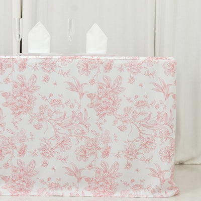 French Toile Fitted Tablecloth 6ft – Pink & White Rectangular Polyester Wrinkle-Resistant Table Cover - Tablecloths