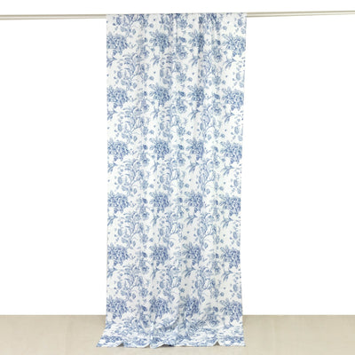 French Toile Polyester Backdrop Curtain – Blue Floral 5ft x 10ft Rod Pocket Drape Panel - Backdrops