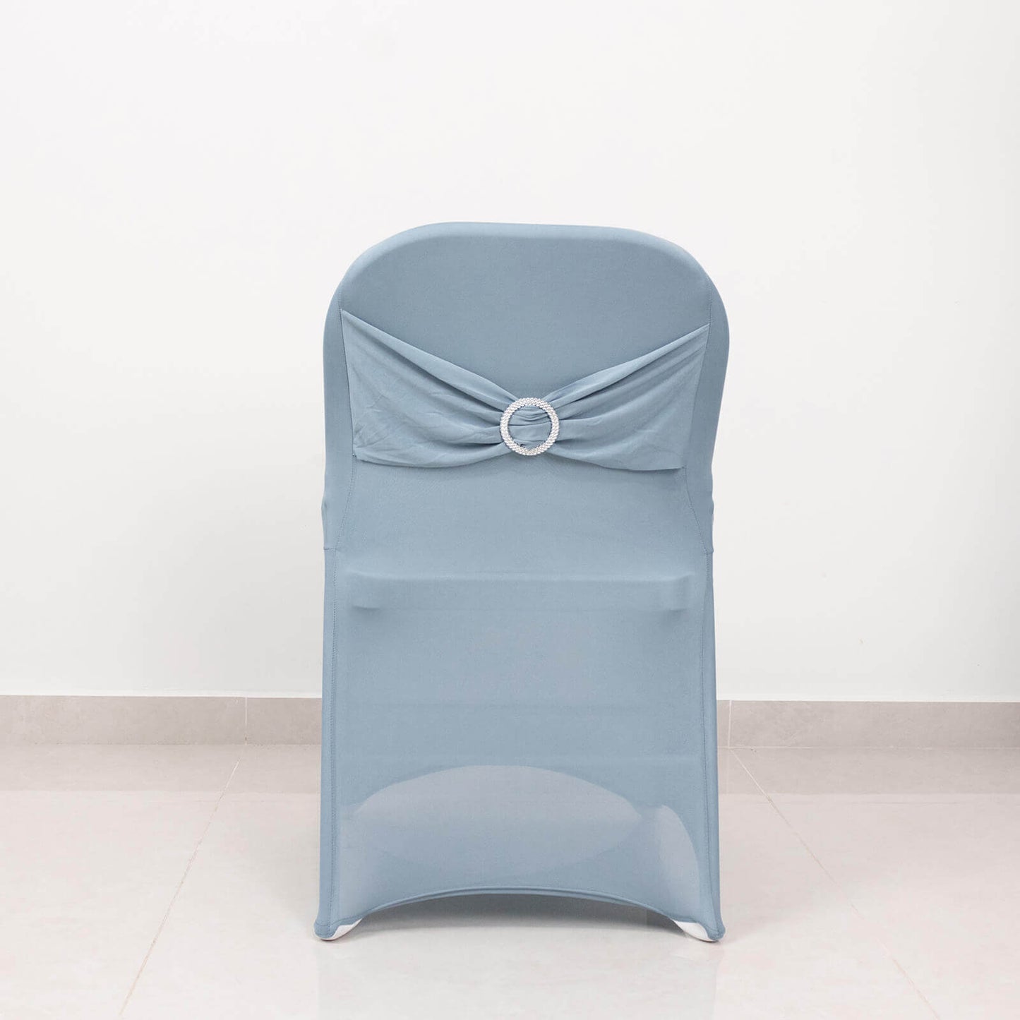 Stretch Spandex Chair Cover Dusty Blue for Folding Chairs - Secure Fit Slipcover with Silver Rhinestone Buckled Sash Band