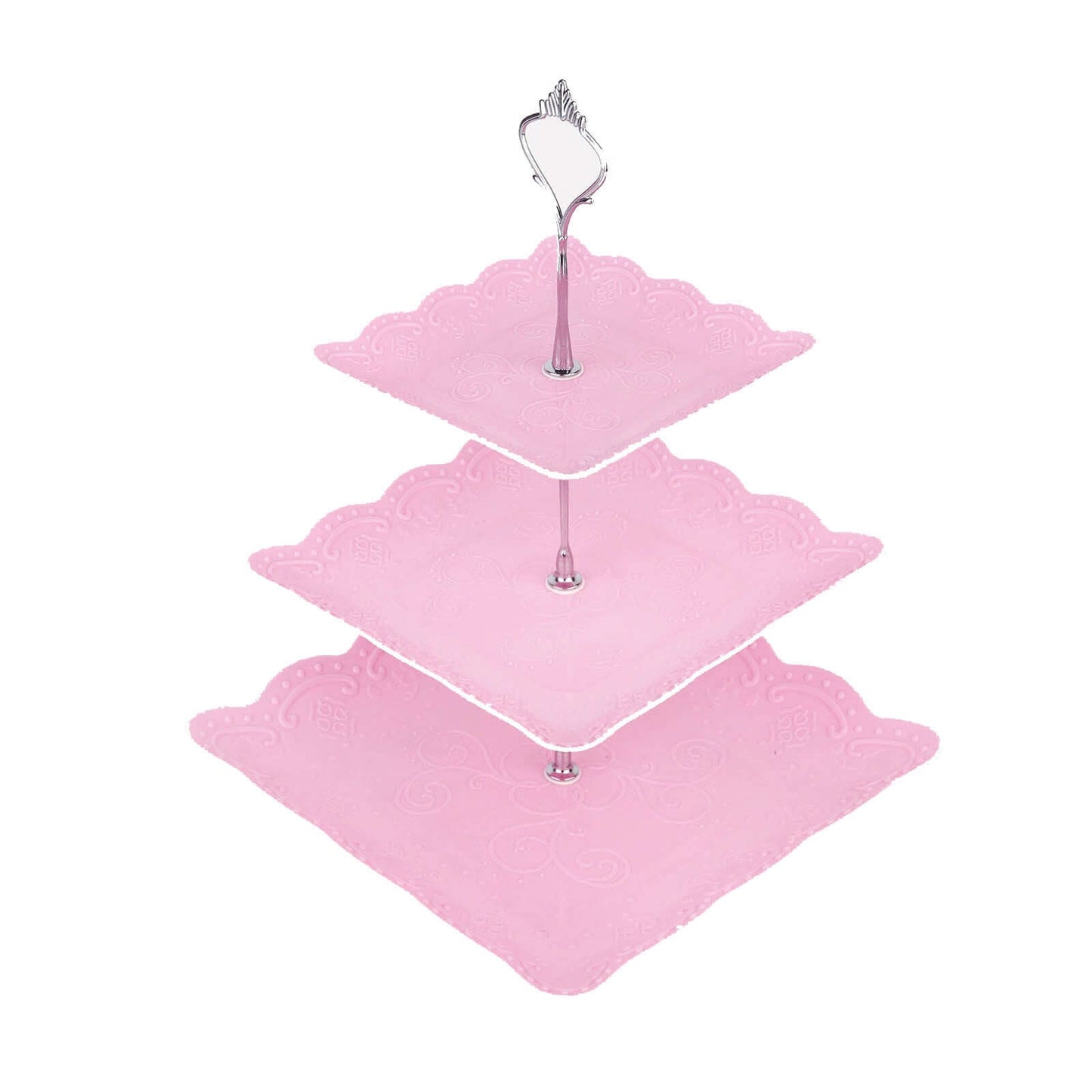 3-Tier Plastic Square Cupcake Stand Tower Pink - Charming Easy to Assemble Dessert Display Serving Tray Platter with Floral Embossed Scalloped Rim & Silver Handle for Tea Parties Weddings & Special Occasions 13"