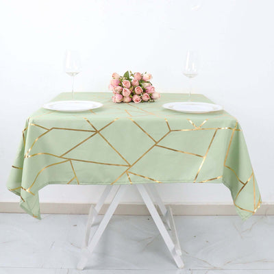 Polyester 54"x54" Square Tablecloth Sage Green with Gold Foil Geometric Pattern - Wrinkle-Resistant & Durable for Stylish Settings