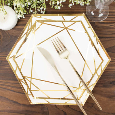 25-Pack Paper 9" Hexagon Dinner Plates in White with Gold Geometric Lines & Rim